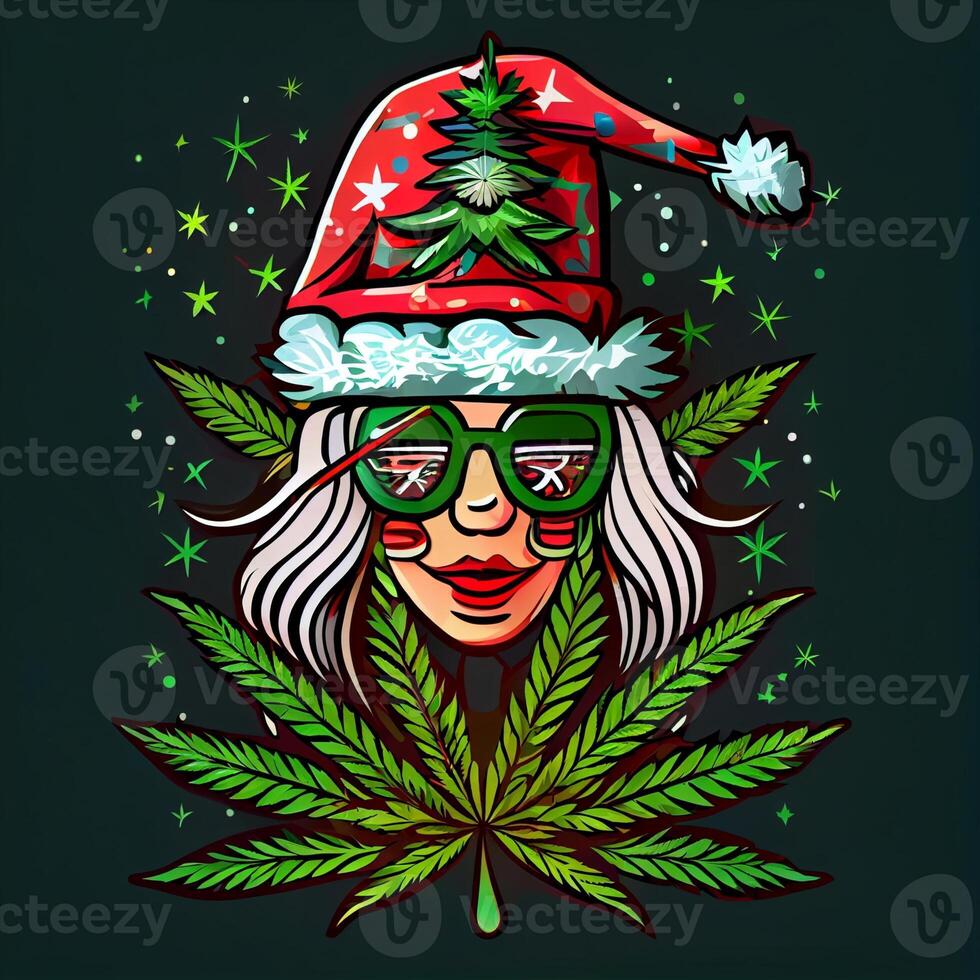 donna indossare un' Santa cappello e occhiali Tenere un' marijuana foglia. generativo ai. foto