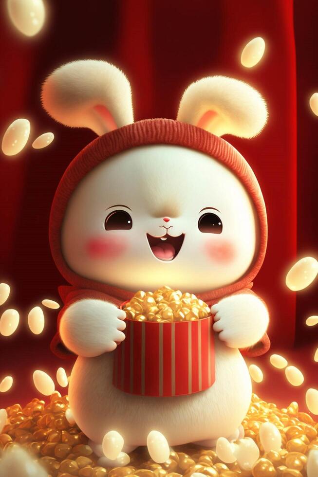 cartone animato coniglietto Tenere un' scatola di Popcorn. generativo ai. foto