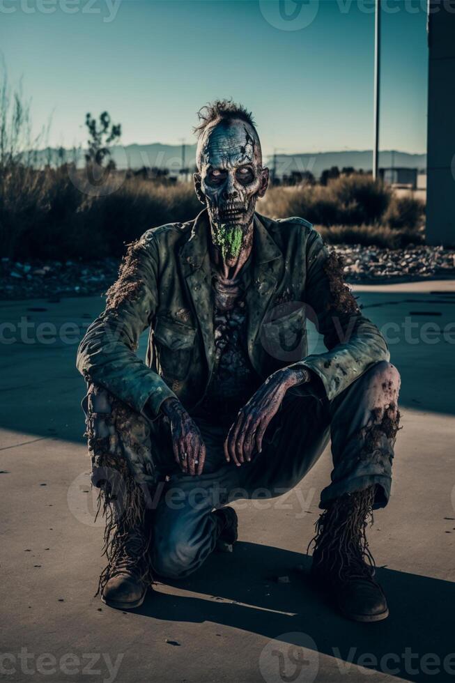 uomo vestito come un' zombie seduta su il terra. generativo ai. foto