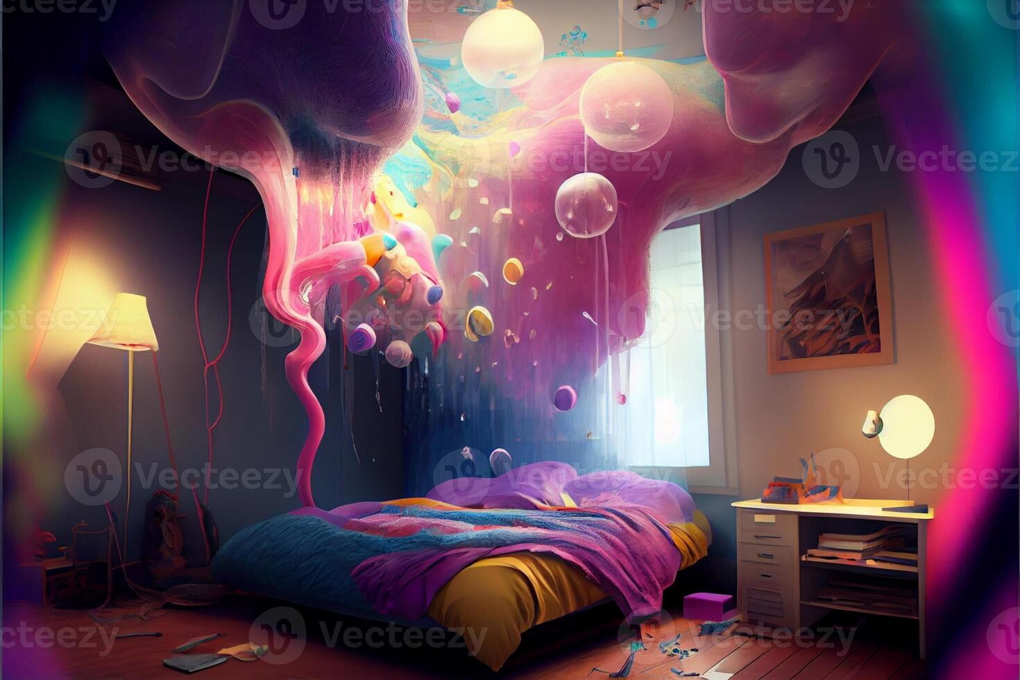 Camera da letto con un' letto e molte di palloncini. generativo ai. foto