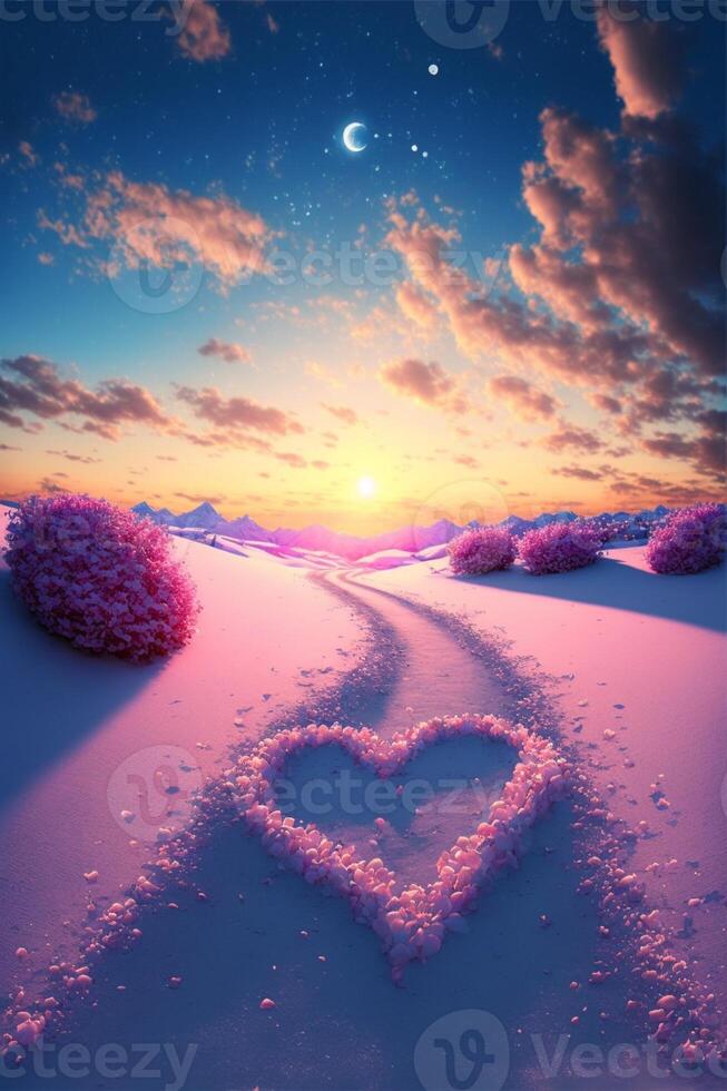 cuore disegnato nel il neve a tramonto. generativo ai. foto