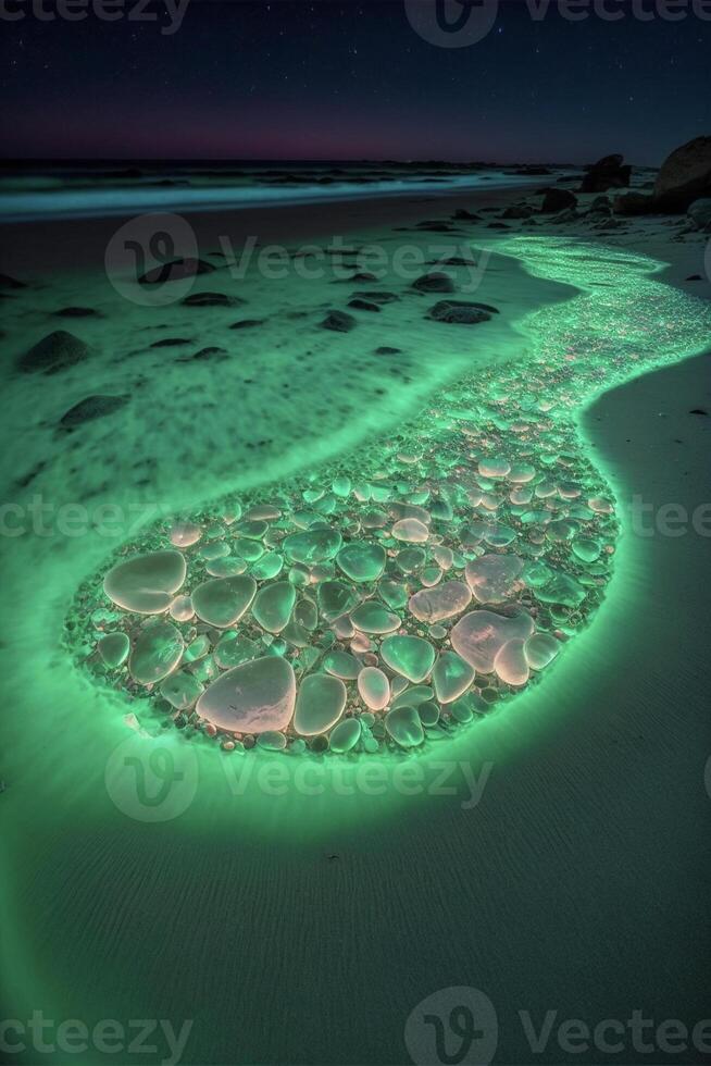 corpo di acqua seduta su superiore di un' sabbioso spiaggia. generativo ai. foto