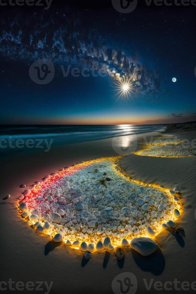 cuore fatto su di conchiglie su un' spiaggia a notte. generativo ai. foto