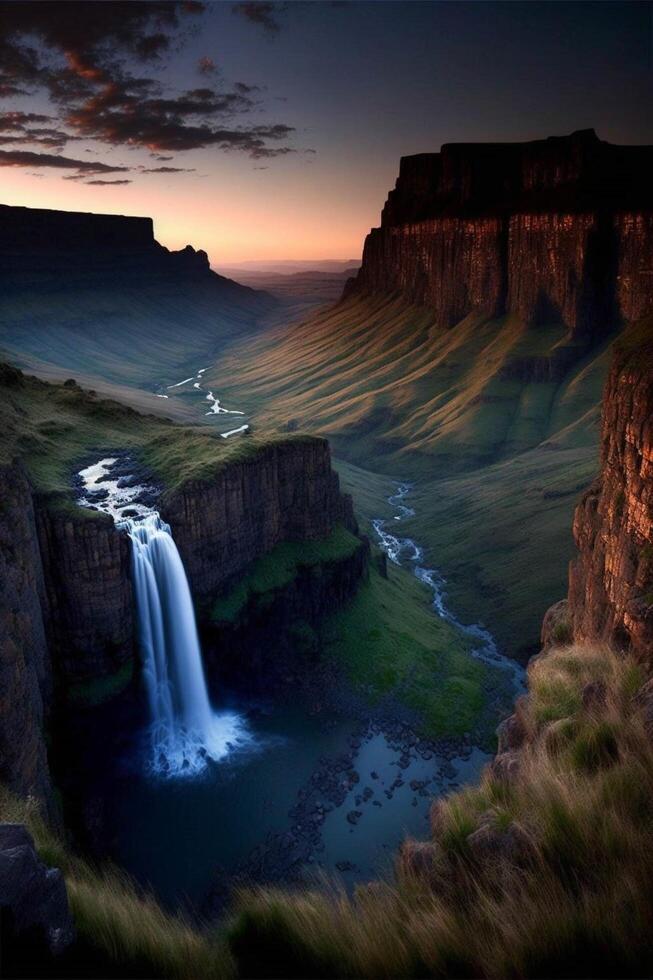 cascata nel il mezzo di un' lussureggiante verde valle. generativo ai. foto