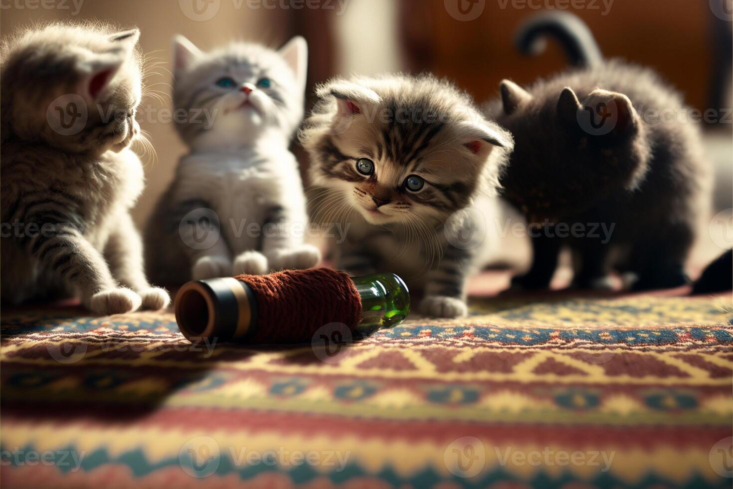 gruppo di gattini giocando con un' bobina di filo. generativo ai. foto