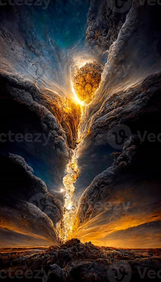 un Immagine di un' fuoco In arrivo su di un' crepa nel il cielo. generativo ai. foto