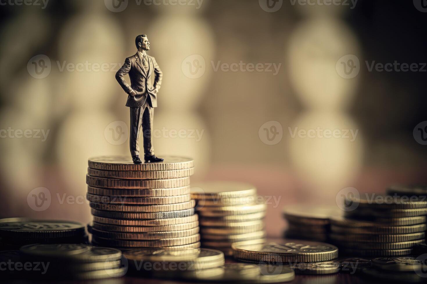 ai generato attività commerciale uomo figurina su superiore di monete piramide, i soldi monete sfondo. foto