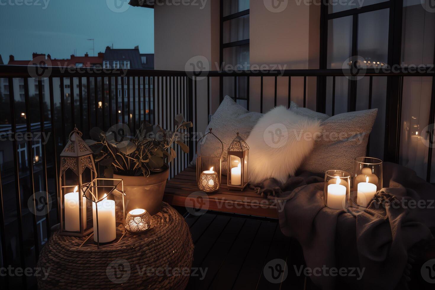 balcone design carino cuscini decorativo candele e illuminazione con com e tavolo poltrone ai generato foto