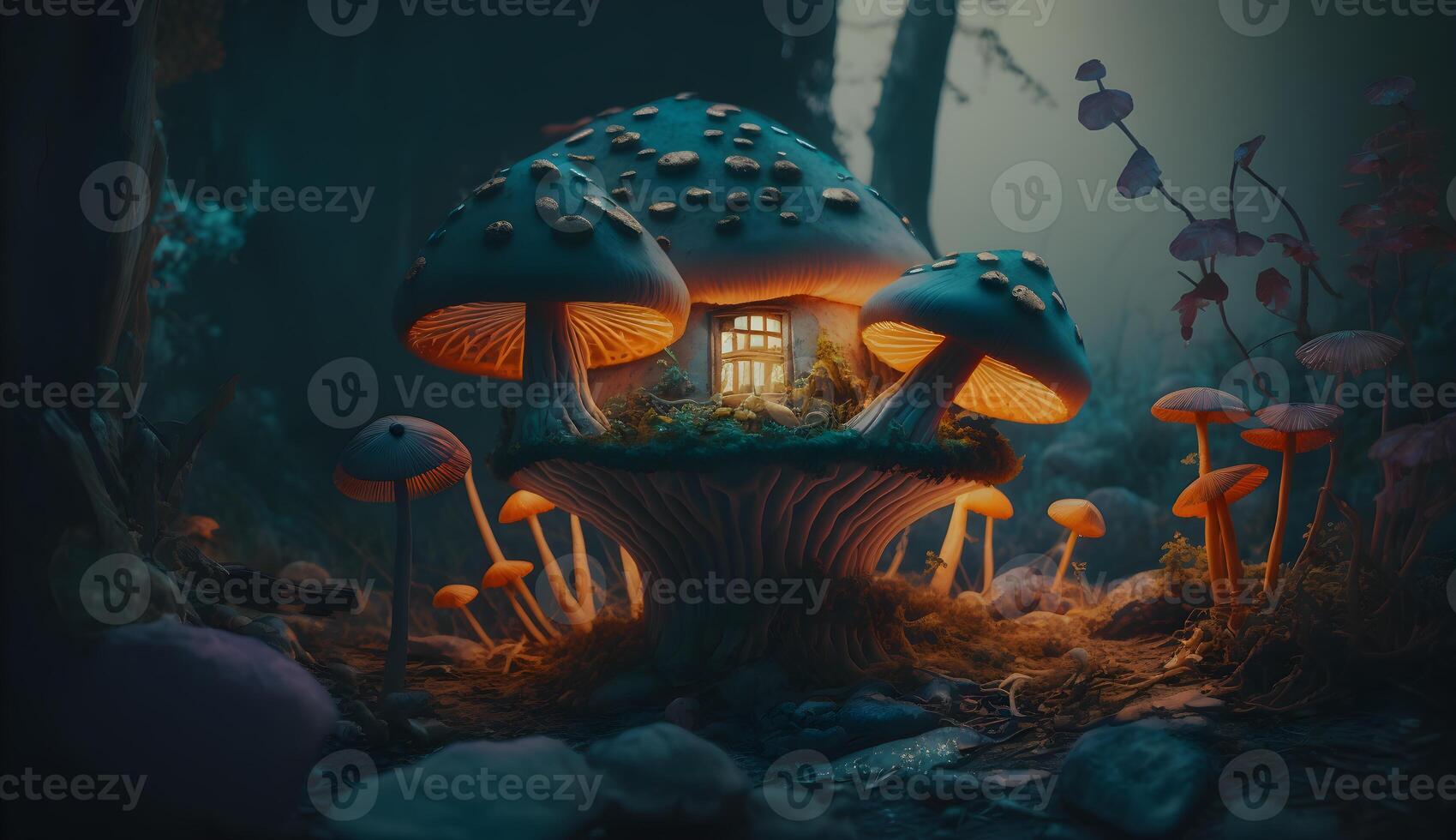 illustrazione di velenoso fungo casa, nano Fata alloggiamento a partire dal velenoso funghi generativo ai foto