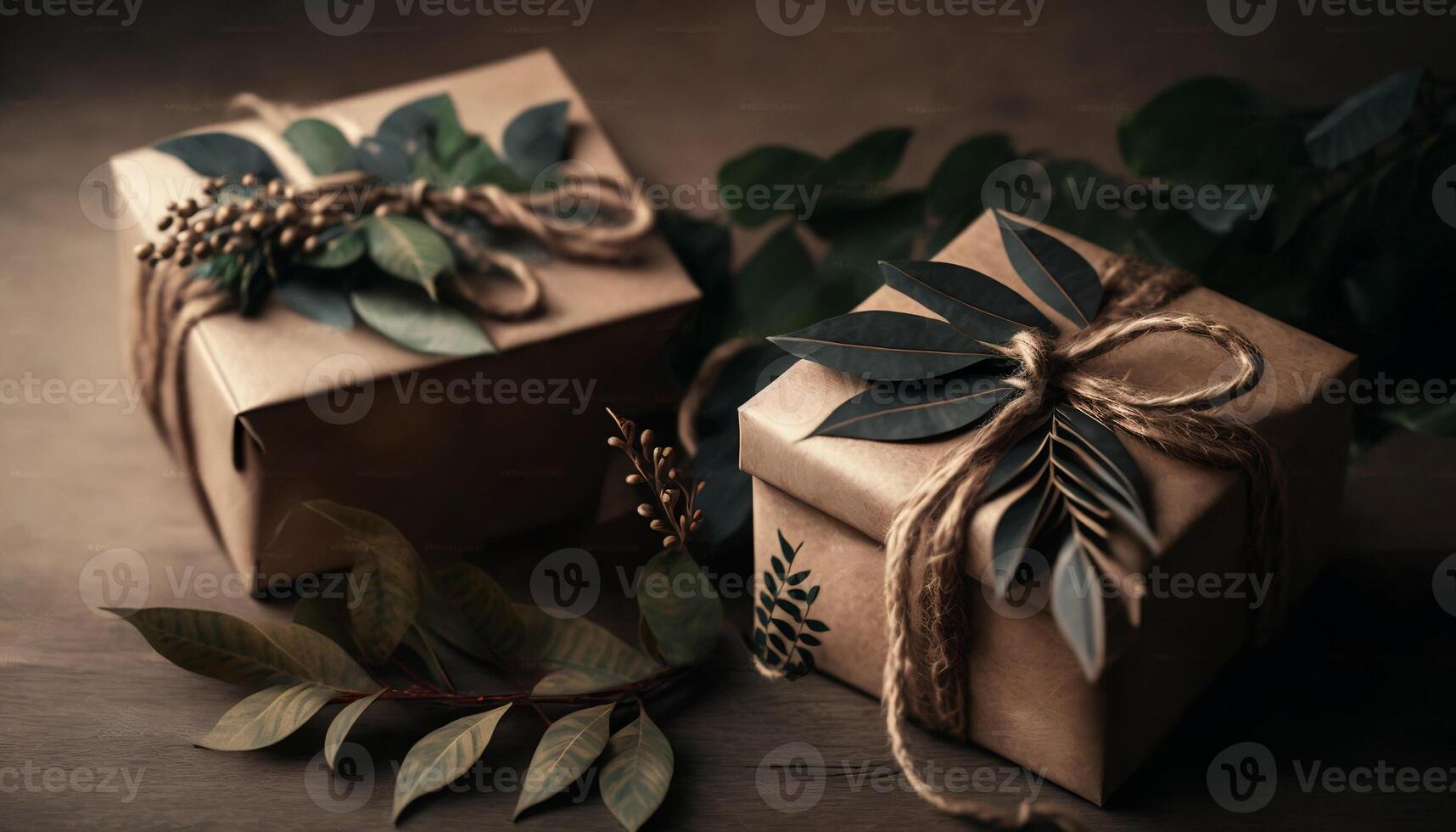 mestiere regalo scatole e verde rami con le foglie. eco pacchetto. ai generativo foto