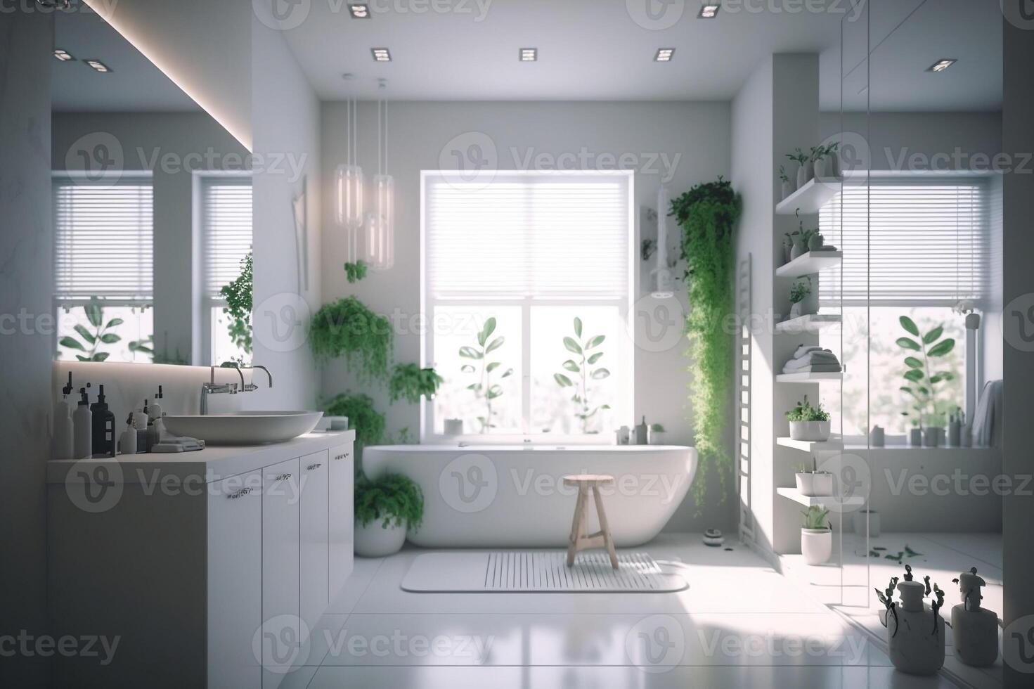 contemporaneo leggero bianca bagno interno con finestre. ai generativo foto