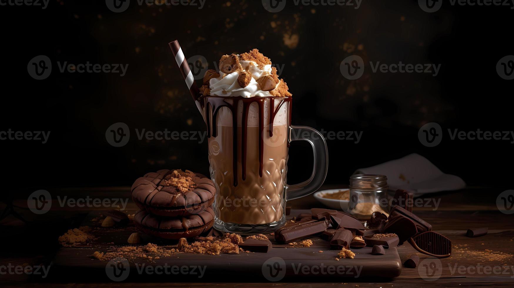 cioccolato frappè con frustato crema e buio cioccolato pezzi su un' buio sfondo. foto