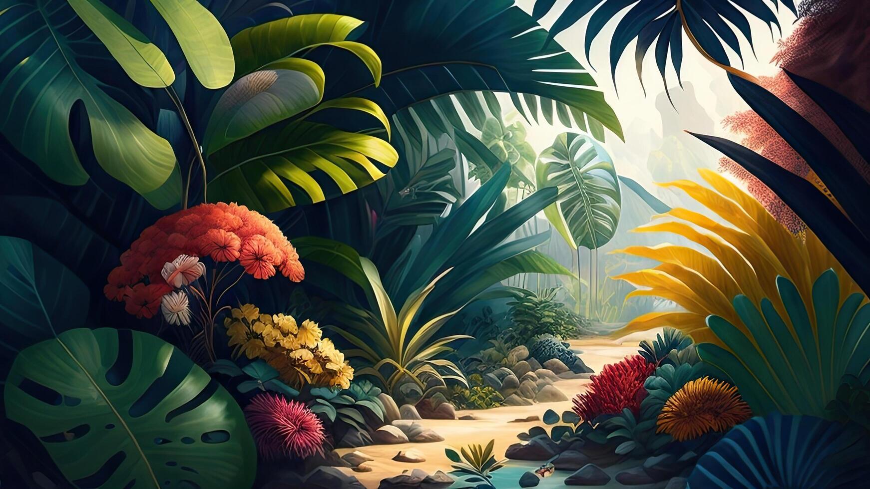 tropicale giungla con impianti e fiori. 3d rendere illustrazione. ai generato foto