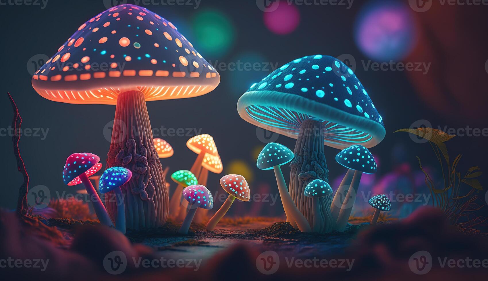 luminoso colorato funghi nel un' psichedelico spazio fantasia. generativo ai foto