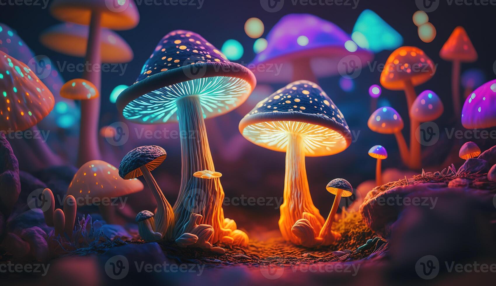 luminoso colorato funghi nel un' psichedelico spazio fantasia. generativo ai foto