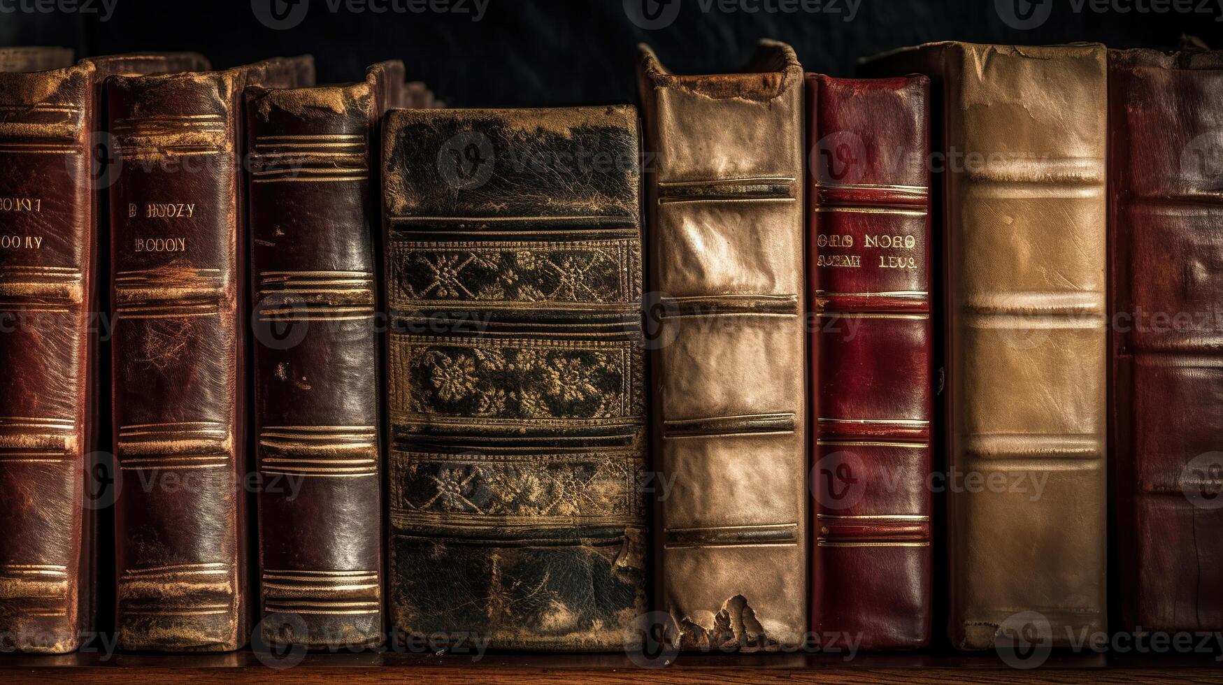 un' pila di antico pelle libri nel un' Vintage ▾ biblioteca. generativo ai foto
