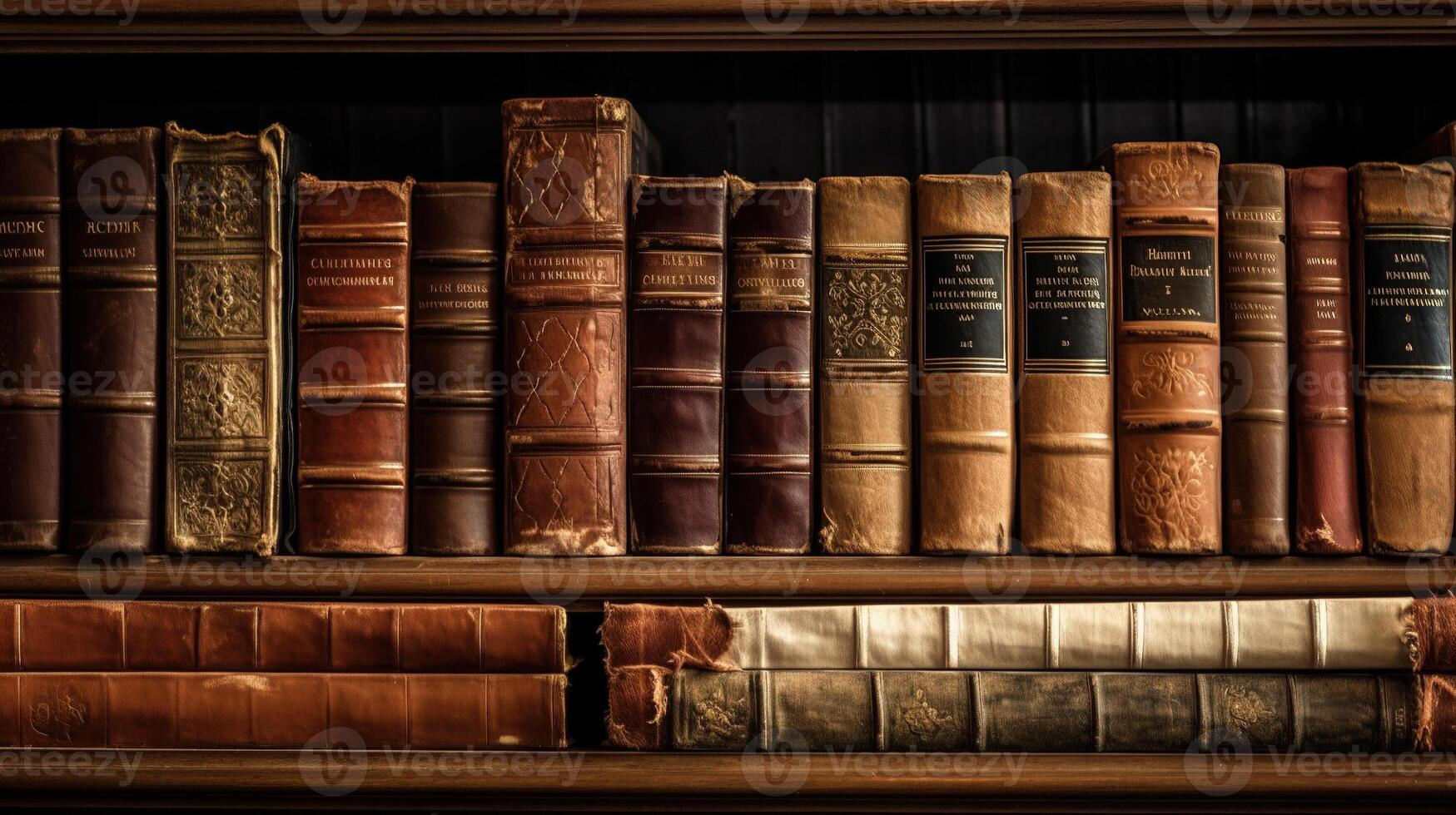 un' pila di antico pelle libri nel un' Vintage ▾ biblioteca. generativo ai foto