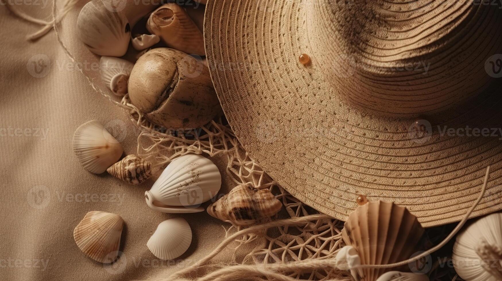 un' estate piatto posare di conchiglie e un' cappello su il spiaggia. generativo ai foto