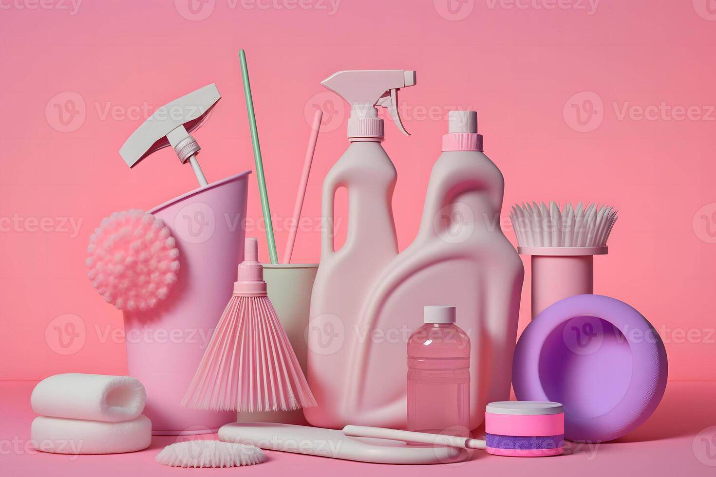 creativo ancora vita con forniture per pulizia o faccende domestiche su podi al di sopra di rosa sfondo. neurale Rete ai generato foto