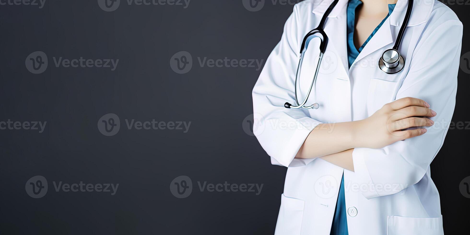 un' donna medico indossare un' laboratorio cappotto con un' stetoscopio con copia spazio. ai generato foto