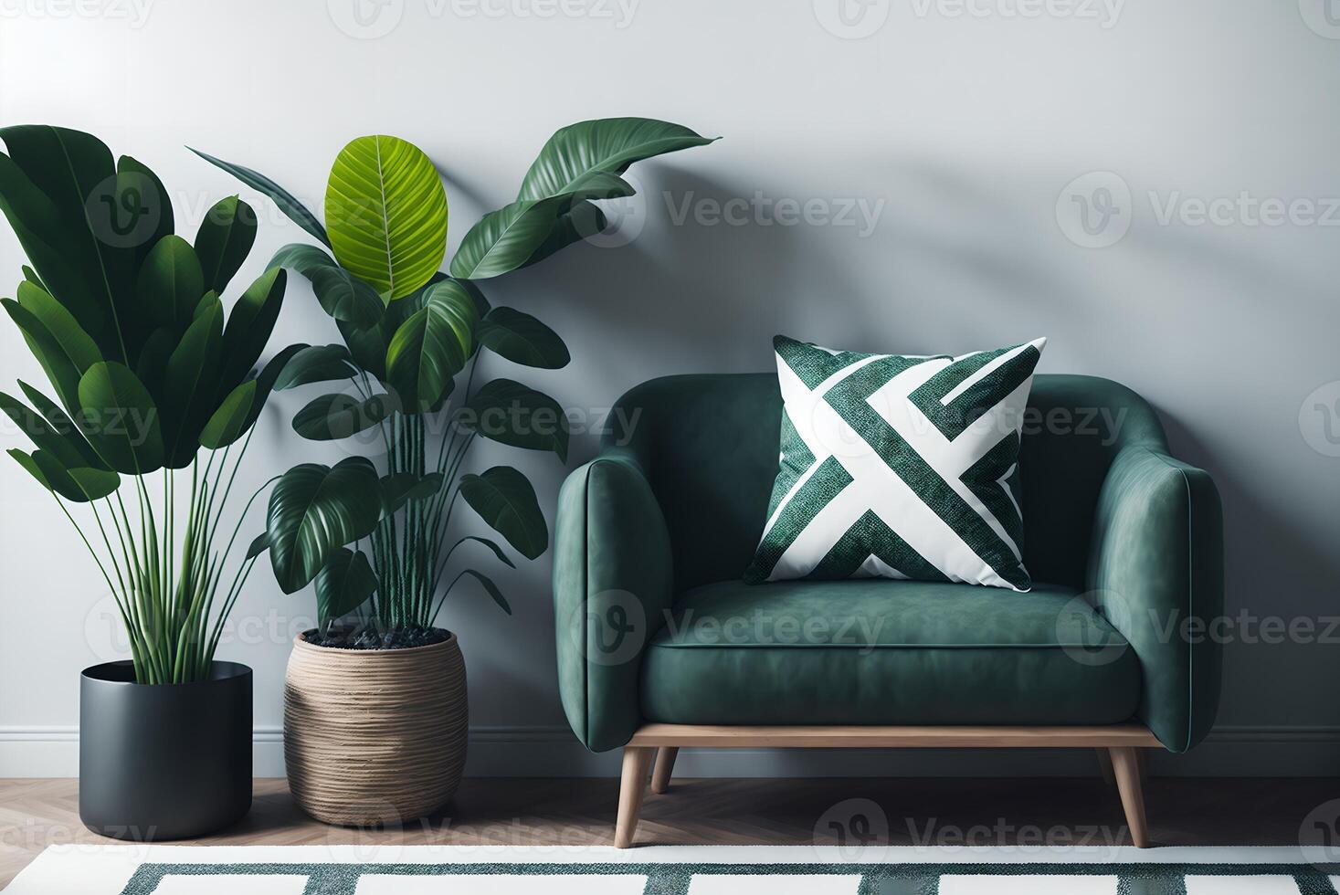 semplice urbano giungla stile interno con verde poltrona, verde plaid, tropicale modello cuscino e pianta su bianca parete sfondo. 3d resa., ai generato foto