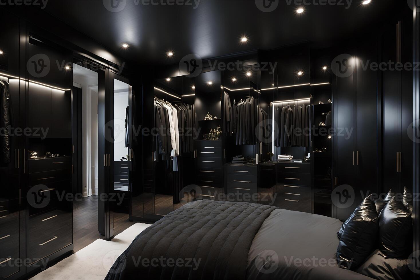 elegante Camera da letto con camminare nel armadio nascosto dietro a un' elegante nero e rispecchiato parete, ai generato foto