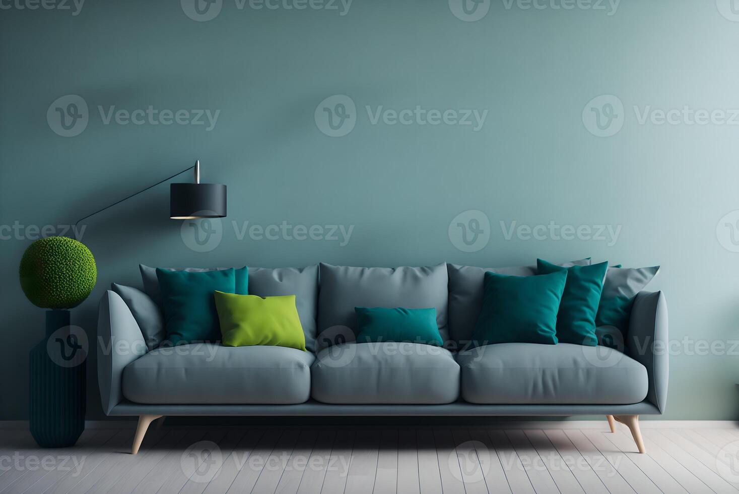 casa interno modello con grigio divano, di legno pavimento lampada e verde vaso nel luminosa vivente camera, 3d rendere, 3d illustrazione, ai generato foto