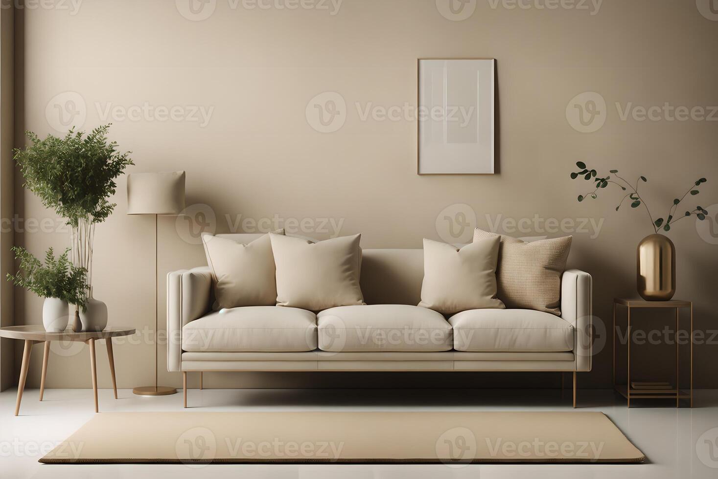 interno design di vivente camera con copia spazio, beige divano, lato tavolo, foglia nel vaso, pouf, elegante Accessori e boucle tappeto. beige parete. minimalista casa arredamento, ai generato foto