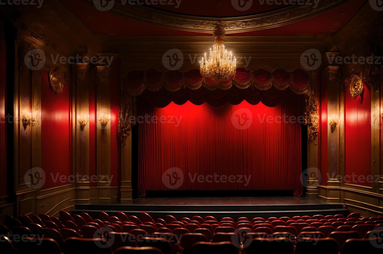 rosso palcoscenico chiuso tenda con riflettore, Teatro con rosso sedie, vuoto Teatro oro interno disegno, ai generato foto