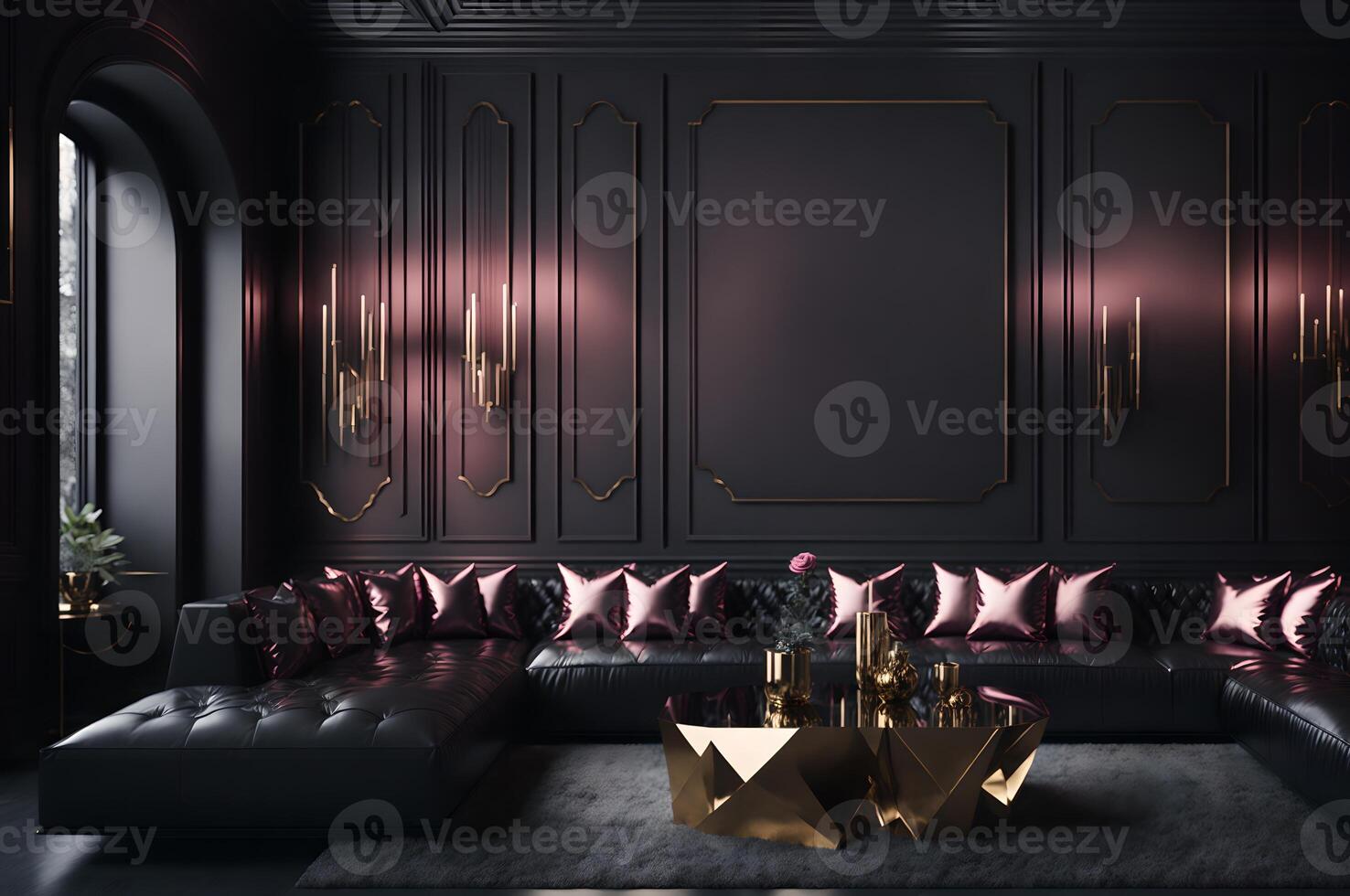 grande vivente camera nel un' buio stile, nero divano, rosa rosa cuscini, e oro tavolo su un' nero parete, e rosa luce, ai generato foto
