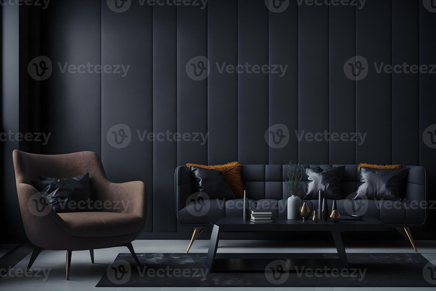 moderno interno design per il casa, posto di lavoro, interno, imbottito mobilia contro un' buio classico parete, ai generato foto