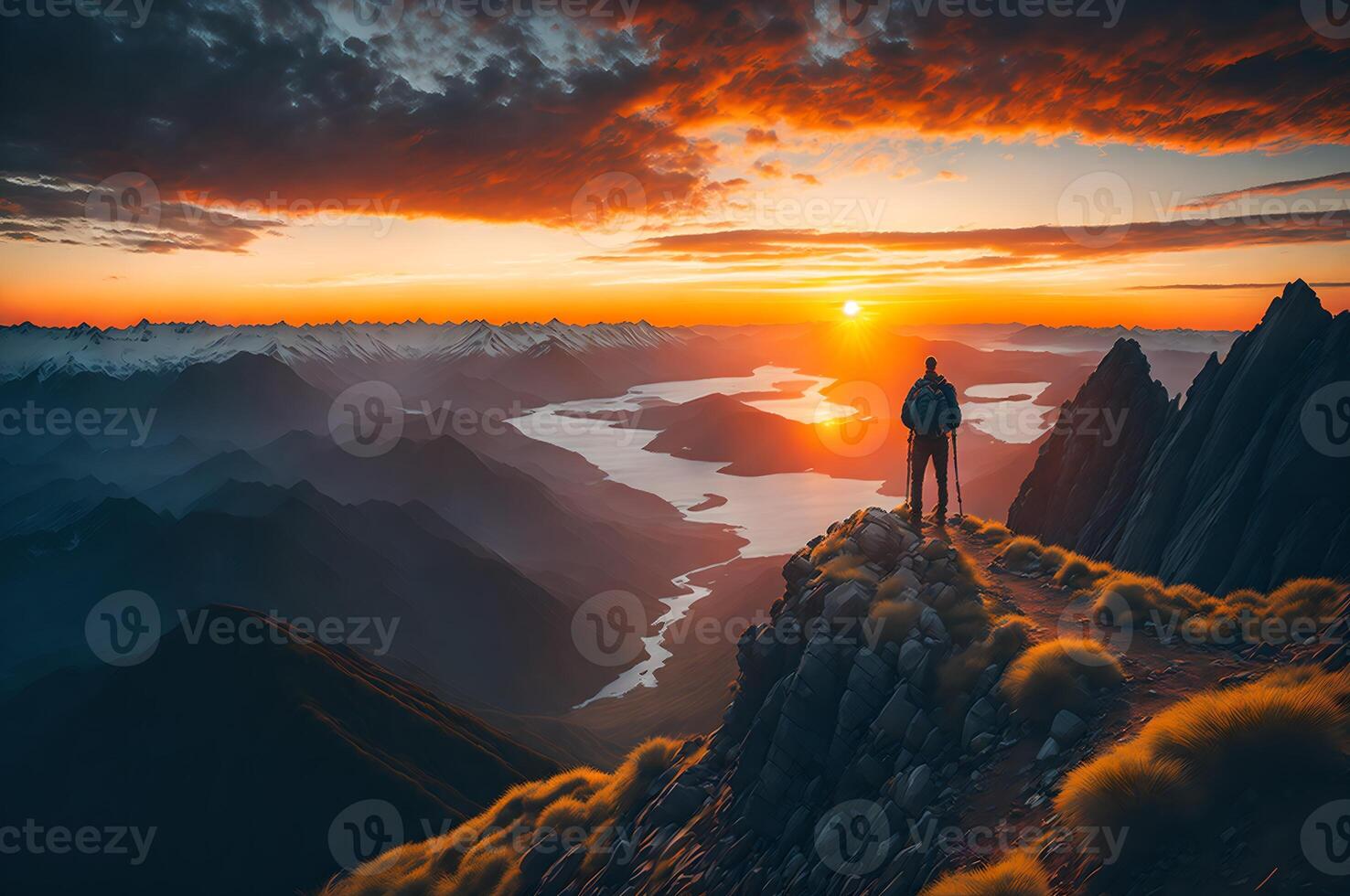 escursionista su il superiore di un' montagna con un' bellissimo Visualizza di il tramonto in giro montagne e Alba, nuvole, e fiumi, la libertà concetto, ai generato foto