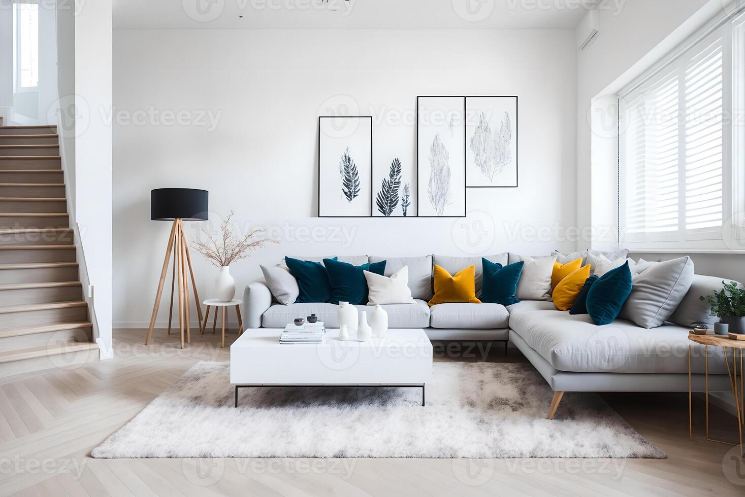 confortevole morbido divano con decorativo cuscini nel spazioso moderno vivente camera con parquet pavimento e bianca muri vicino scala nel luce del giorno, ai generato foto