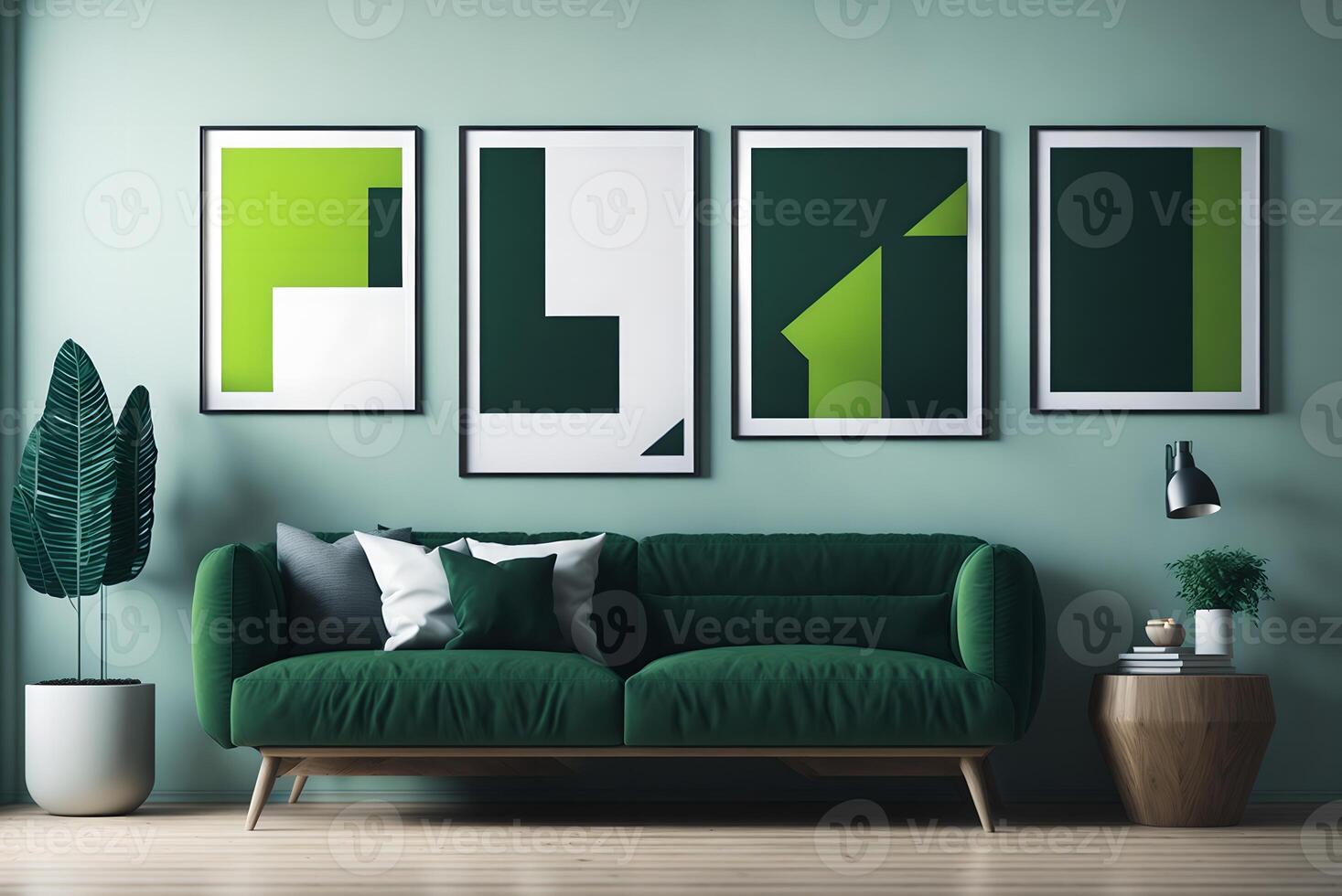 contemporaneo interno design per 3 manifesto montatura nel vivente camera finto su con verde divano, di legno pentola e pavimento lampada, modello, 3d rendere, illustrazione, ai generato foto