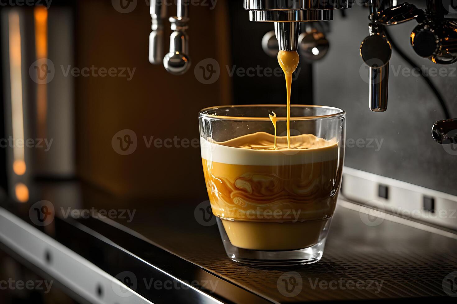 caffè fatto nel professionale caffè espresso macchina scrosciante in un' tazza. neurale Rete ai generato foto