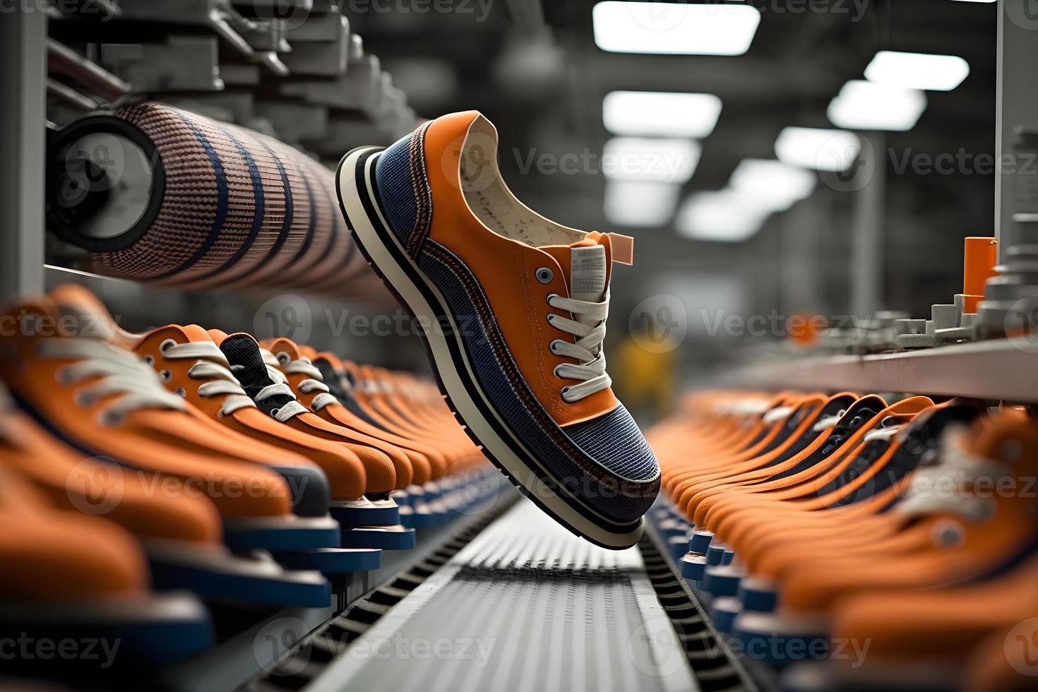 macchine e attrezzatura di il scarpa fabbrica, moderno calzature produzione. neurale Rete generato arte foto