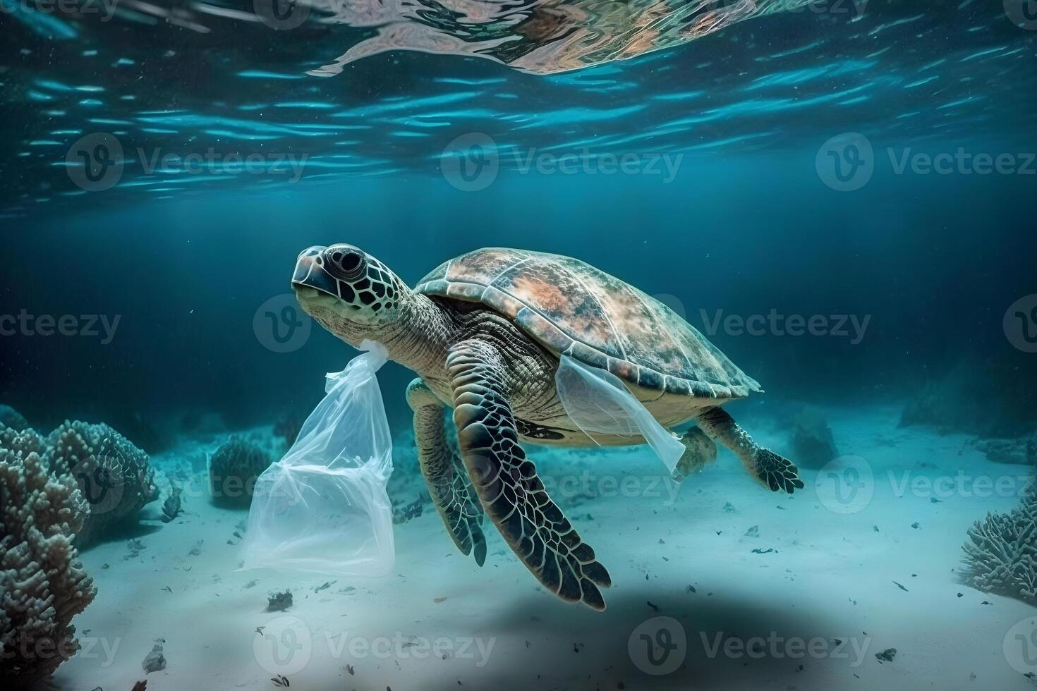 subacqueo concetto di globale problema con plastica sciocchezze galleggiante nel il oceani. hawksbill tartaruga nel didascalia di plastica Borsa. neurale Rete ai generato foto