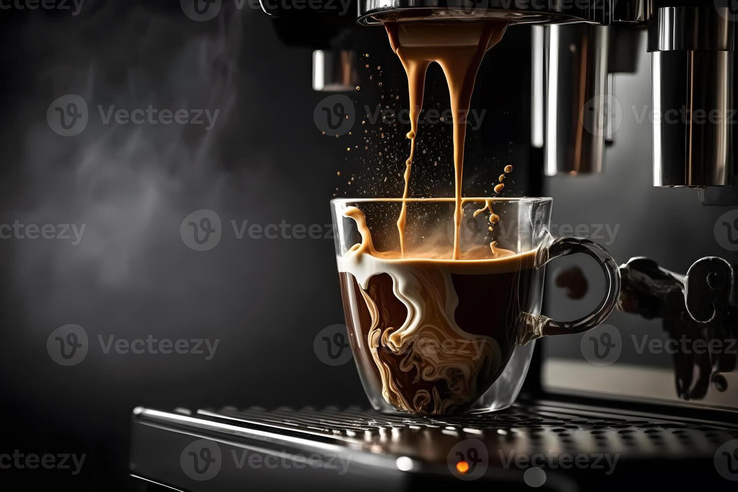 caffè fatto nel professionale caffè espresso macchina scrosciante in un' tazza. neurale Rete ai generato foto