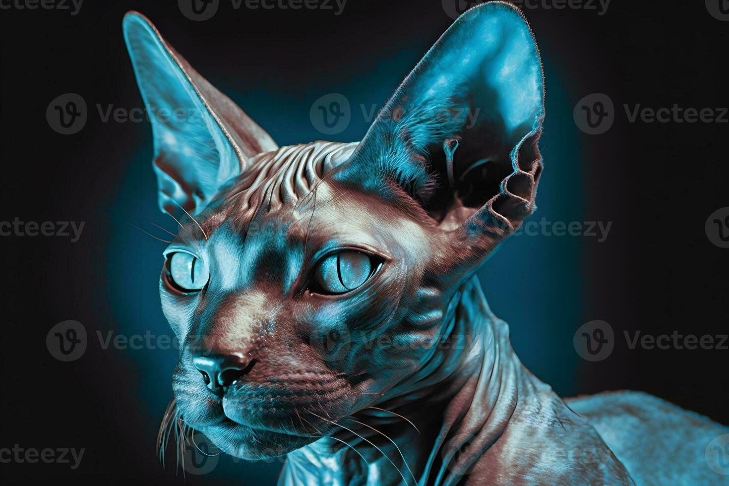 bellissimo sphynx gatto ritratto nel blu colori. neurale Rete generato arte foto