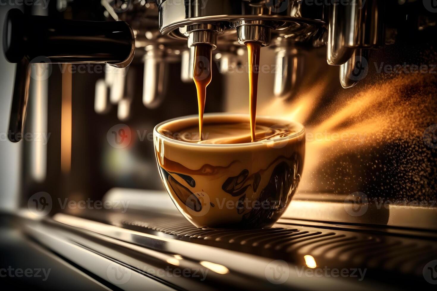 caffè fatto nel professionale caffè espresso macchina scrosciante in un' tazza. neurale Rete ai generato foto