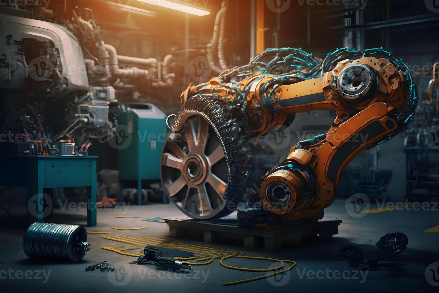 nuovo robot ambientazione di macchina saldatura per il produzione linea di veicolo industriale fabbrica. neurale Rete ai generato foto