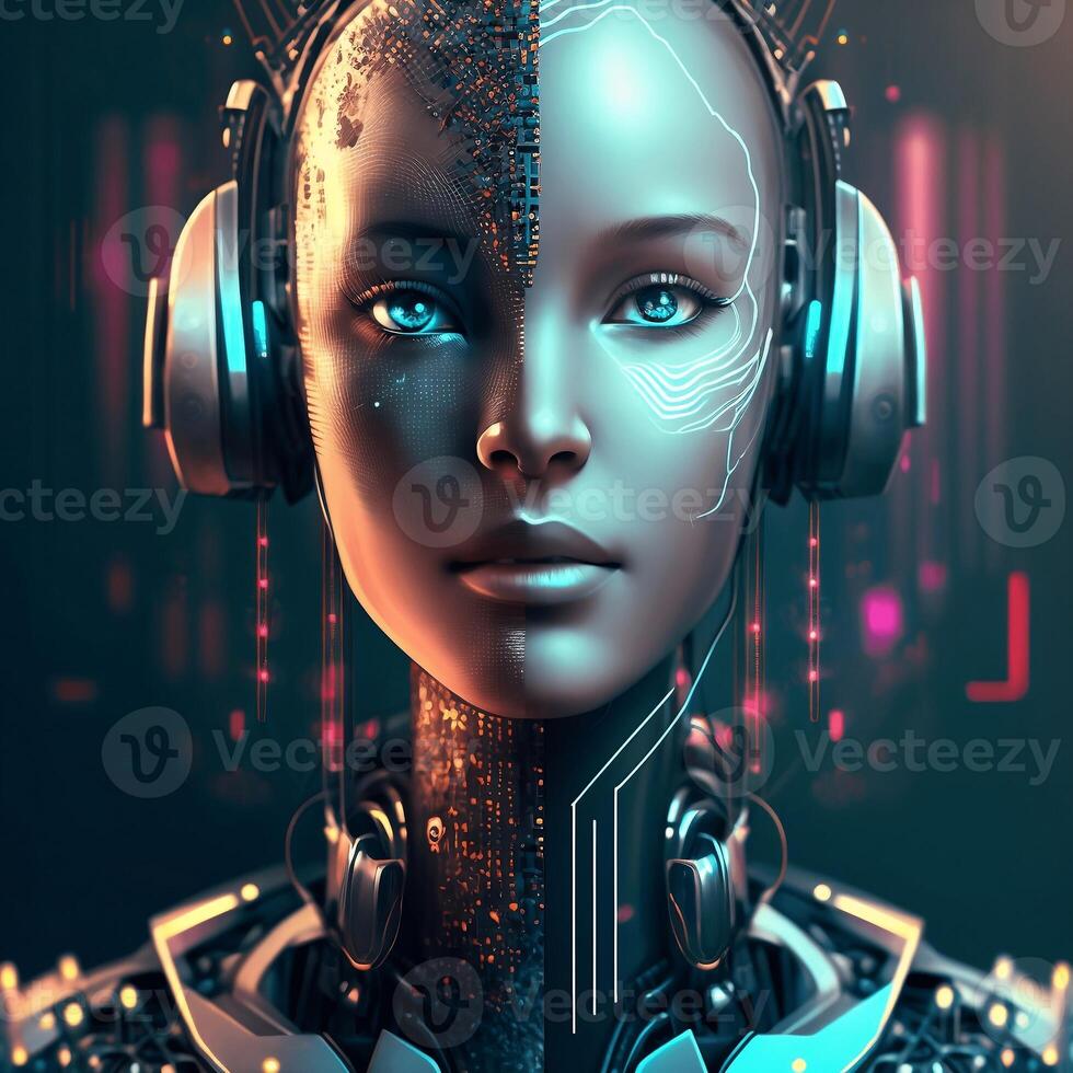 cyborg ragazza con blu occhi e cuffie futuristico ritratto. ai generativo foto