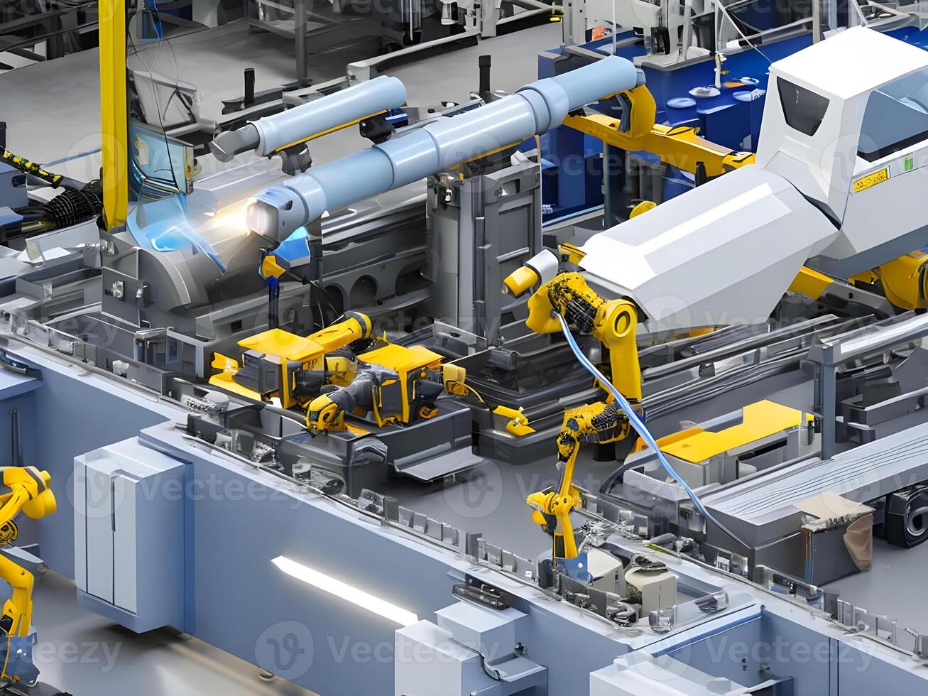 moderno alto Tech industriale robotica braccio su il fabbrica produzione linea produzione linea è essere saldato. generativo ai. foto