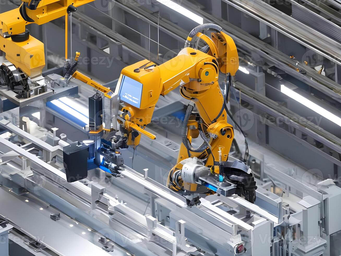 moderno alto Tech industriale robotica braccio su il fabbrica produzione linea produzione linea è essere saldato. generativo ai. foto