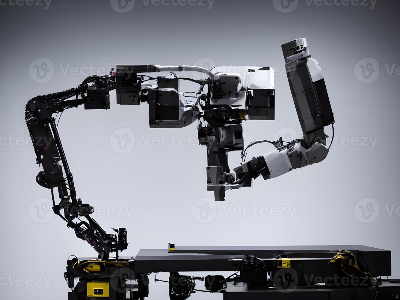 moderno alto Tech industriale robotica braccio su il fabbrica produzione linea produzione linea è essere saldato. generativo ai. foto