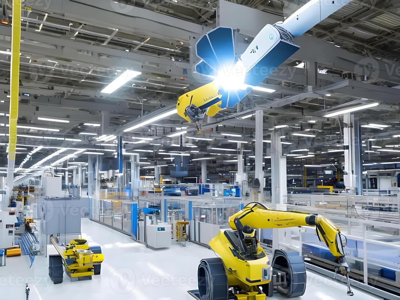 moderno alto Tech industriale robotica braccio su il fabbrica produzione linea produzione linea è essere saldato. generativo ai. foto