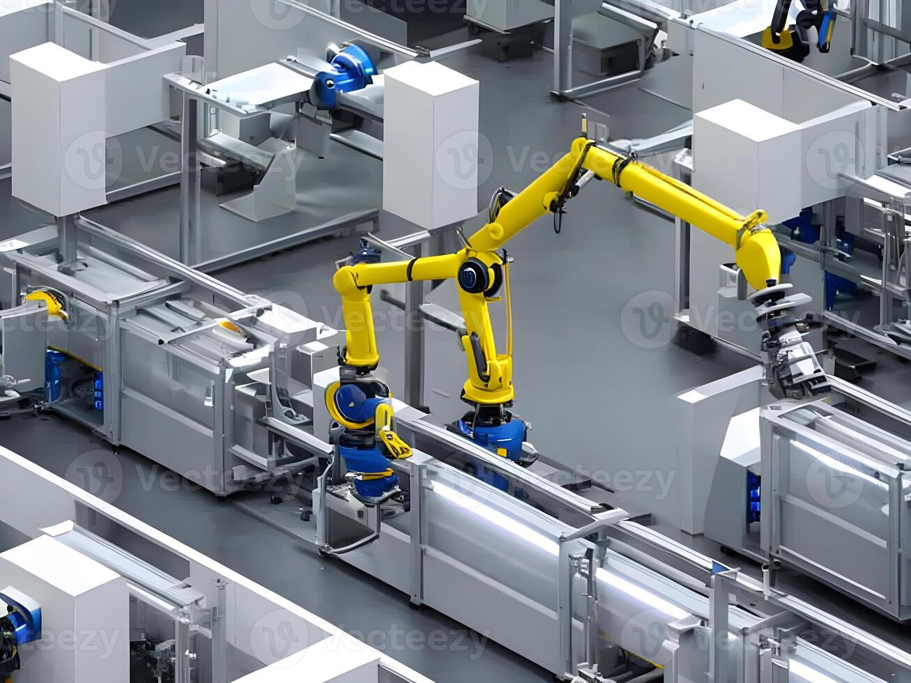 moderno alto Tech industriale robotica braccio su il fabbrica produzione linea produzione linea è essere saldato. generativo ai. foto