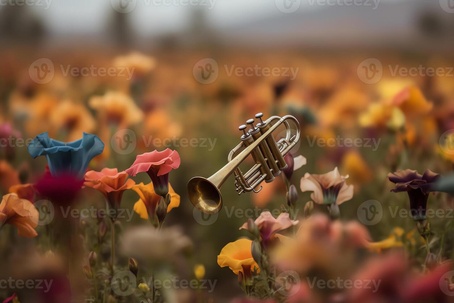 un' tromba vicino su in mezzo un' campo di fiori con un' nebbioso sfondo di assortito fiorisce. ai generato foto