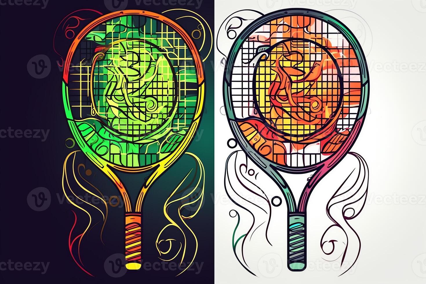 illustrazione di tennis racchette con loghi per gli sport squadra torneo attrezzatura icona e colorazione pagina con linea arte. ai generato foto
