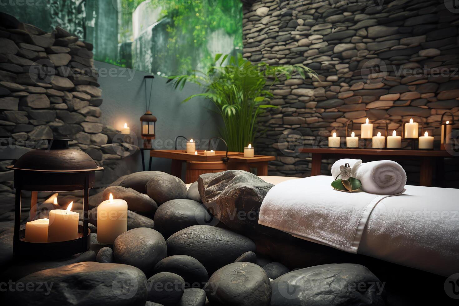 naturale terme con massaggio pietre asciugamani candele e un' bellissimo fondale ai generato foto